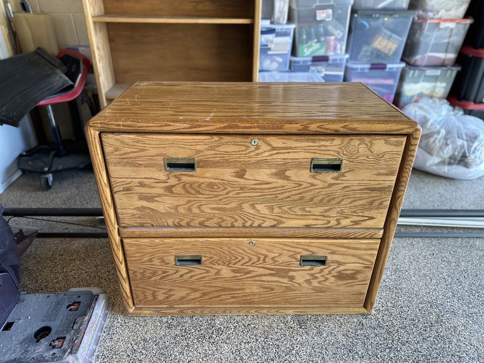 Vintage Oak Wood 2-Drawer Filing Cabinet.