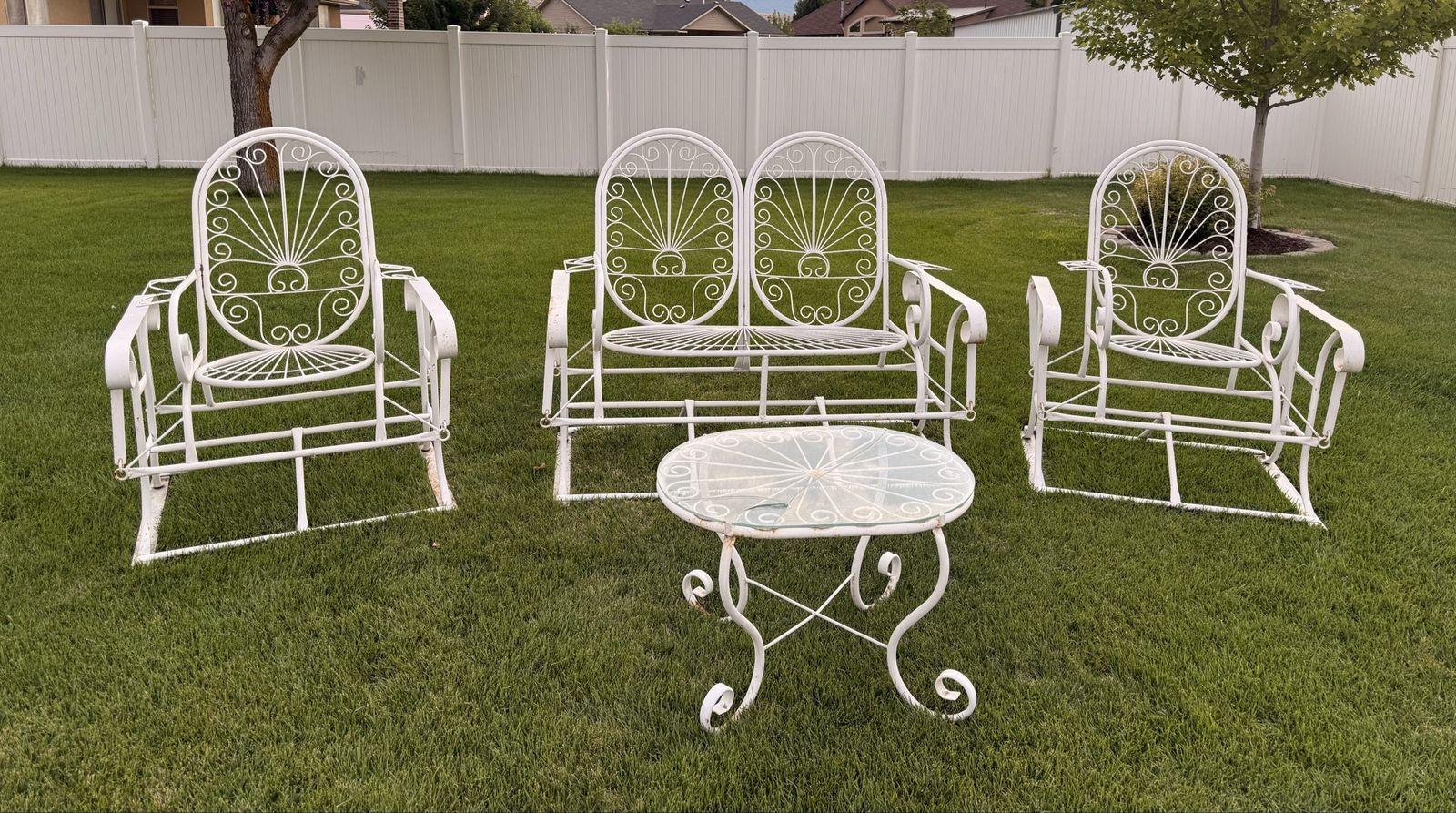 Vintage White Wrought Iron Patio Set - Glider Loveseat, 2 Glider Chairs & Accent Table