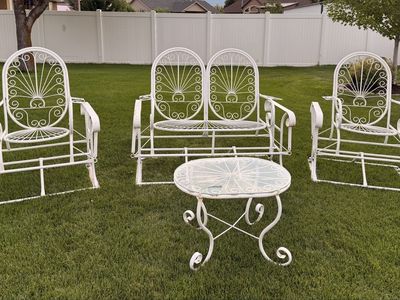 Vintage White Wrought Iron Patio Set - Glider Loveseat, 2 Glider Chairs & Accent Table
