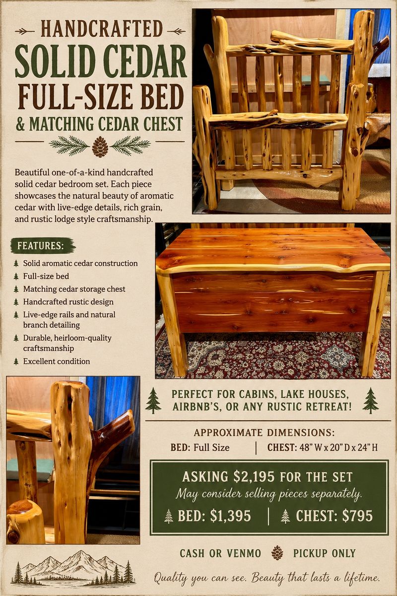 HANDCRAFTED SOLID CEDAR FULL SIZE BED AND MATCHING CEDAR CHEST