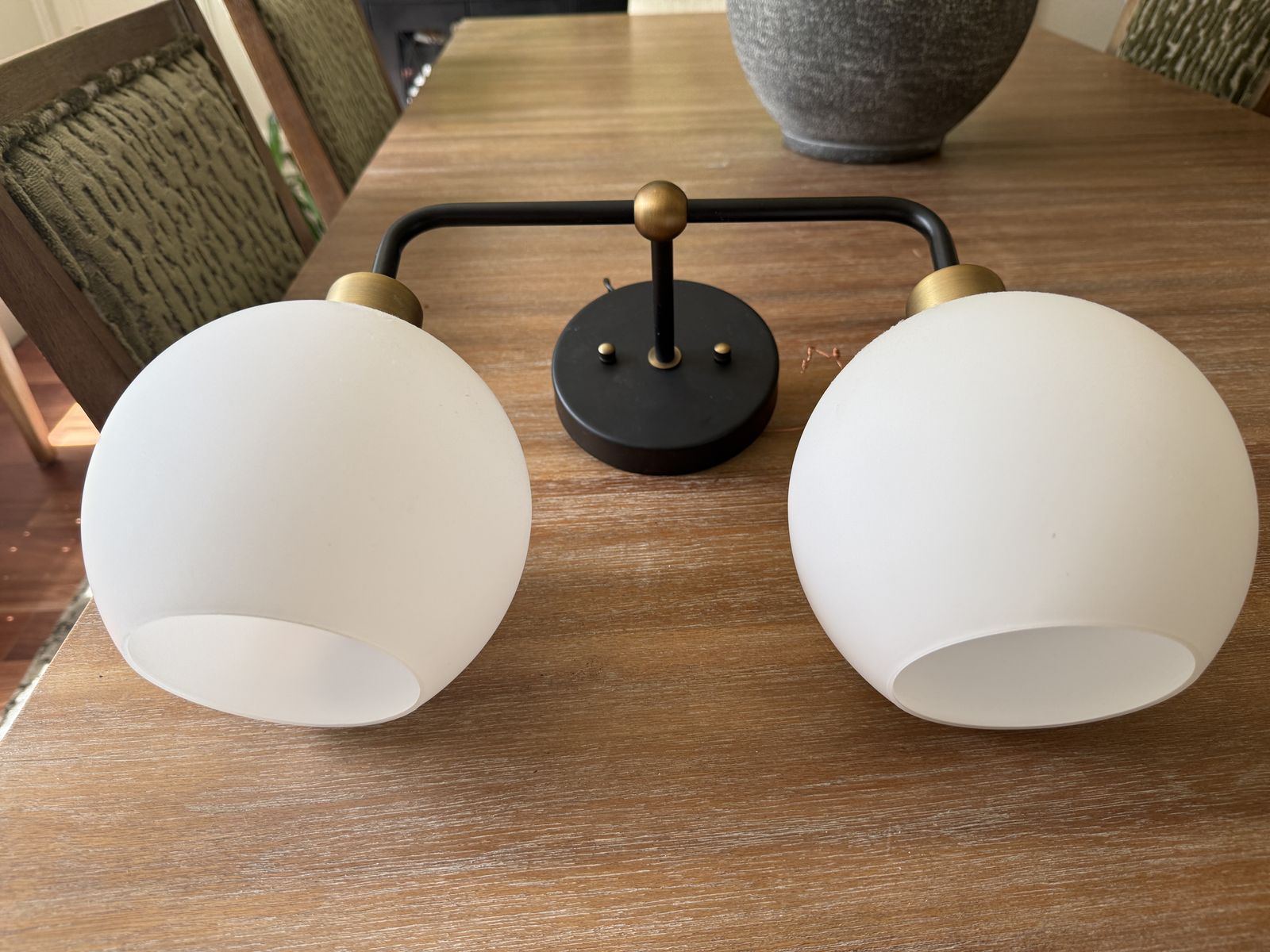 Modern Black & Gold Double Sconce Light Fixture with Frosted White Glass Globes