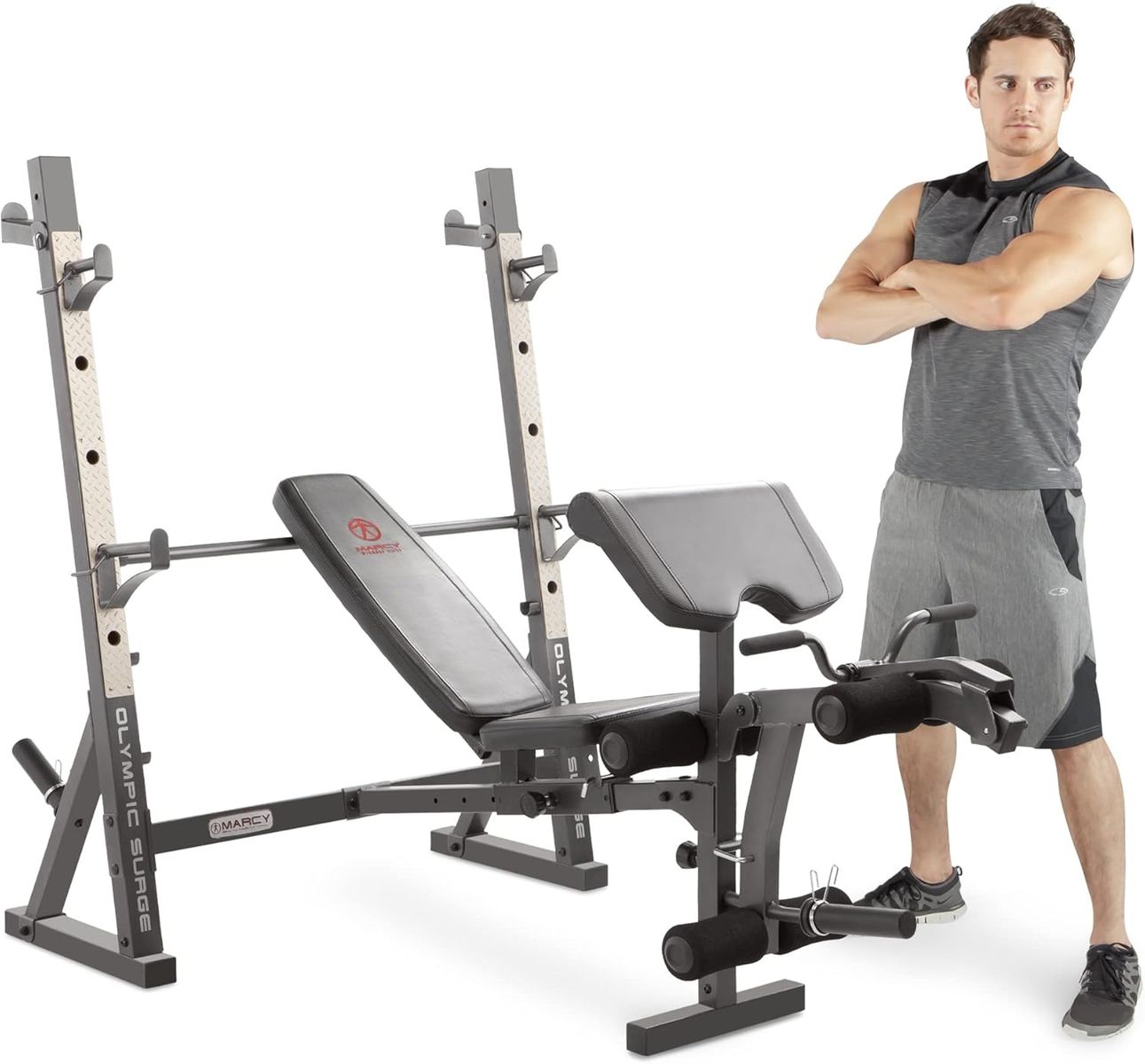 Marcy Olympic Workout Bench for Home Gym Strength Training Equipment with Preacher Curl Pad and Weight Rack Storage