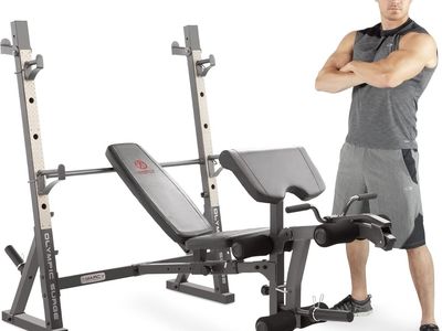 Marcy Olympic Workout Bench for Home Gym Strength Training Equipment with Preacher Curl Pad and Weight Rack Storage