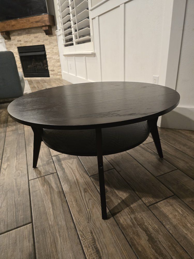 Round Black Wood Coffee Table with Lower Shelf - Modern Living Room Furniture