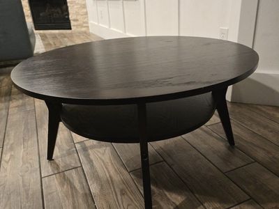 Round Black Wood Coffee Table with Lower Shelf - Modern Living Room Furniture