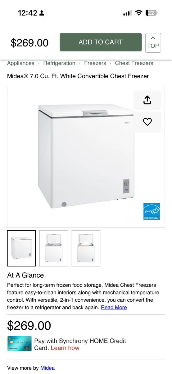 Midea 7.0 Cu. Ft. White Convertible Chest Freezer - Energy Star