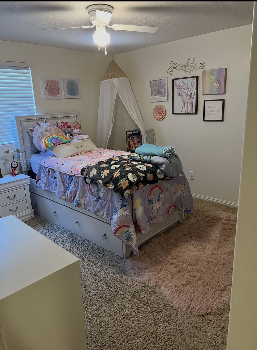 White tufted, light up twin headboard and frame with trundle