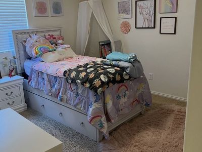 White tufted, light up twin headboard and frame with trundle