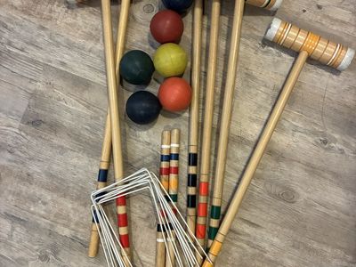 Vintage Wooden Croquet Set - Complete Outdoor Game with 6 Mallets, Balls & Wickets