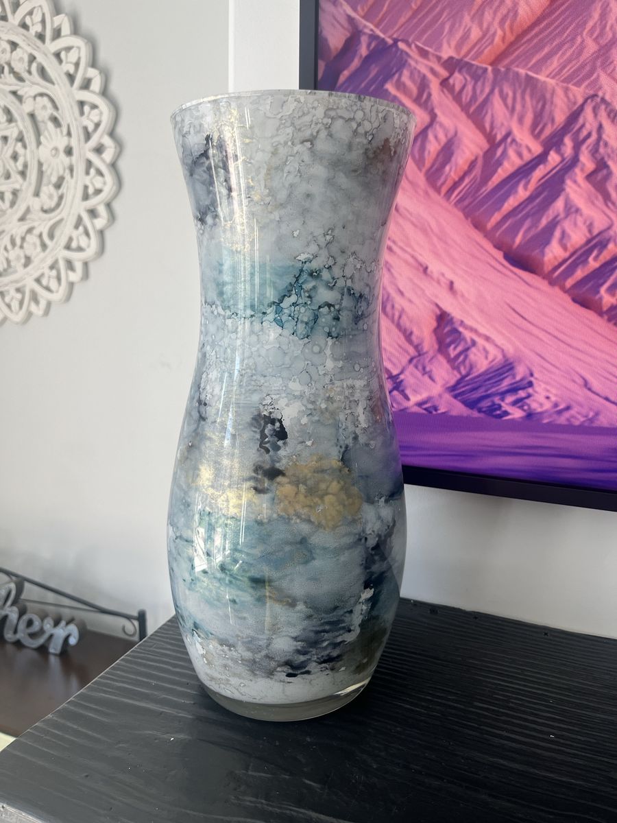 Decorative Blue and Grey Marbled Glass Vase with Gold Accent