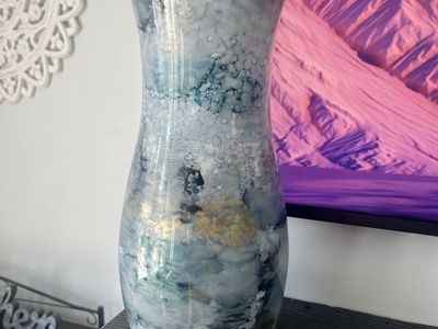 Decorative Blue and Grey Marbled Glass Vase with Gold Accent
