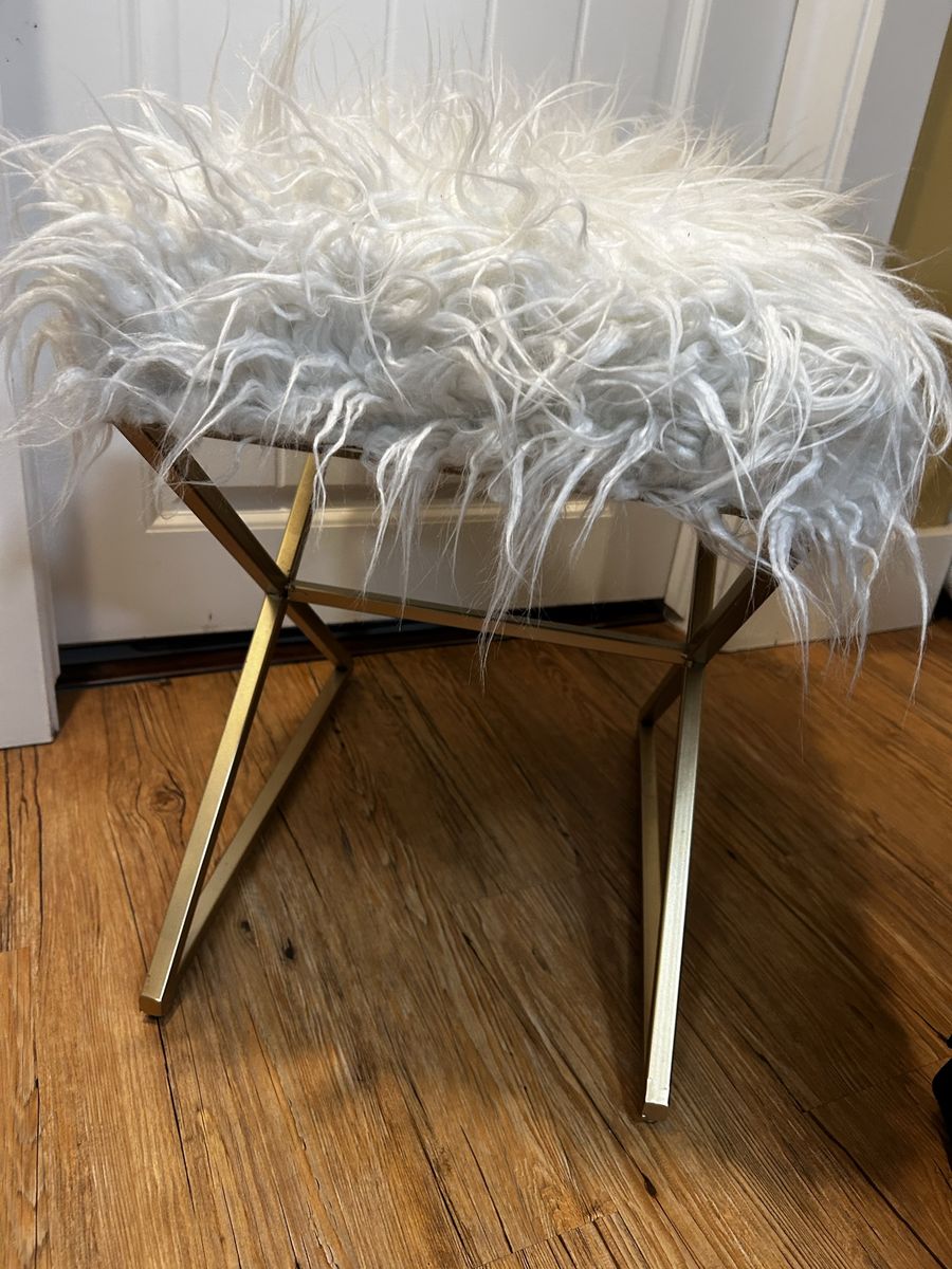 Faux Fur Ottoman Stool - Gold X-Base, White Shaggy Top