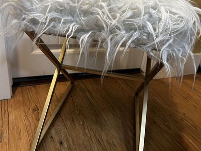 Faux Fur Ottoman Stool - Gold X-Base, White Shaggy Top