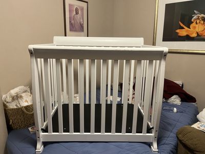 White Wooden Mini Crib - with double sided mattress