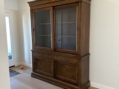 Ethan Allen Large Wooden Hutch and Display Cabinet with Glass Doors and Lower Storage