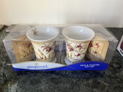 New Set of 2 Porcelain Mugs and Coasters