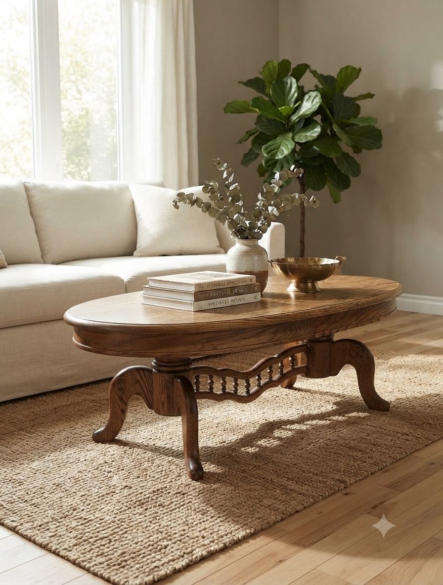 Vintage Oak Oval Coffee Table with Carved Spindle Legs - Excellent Condition
