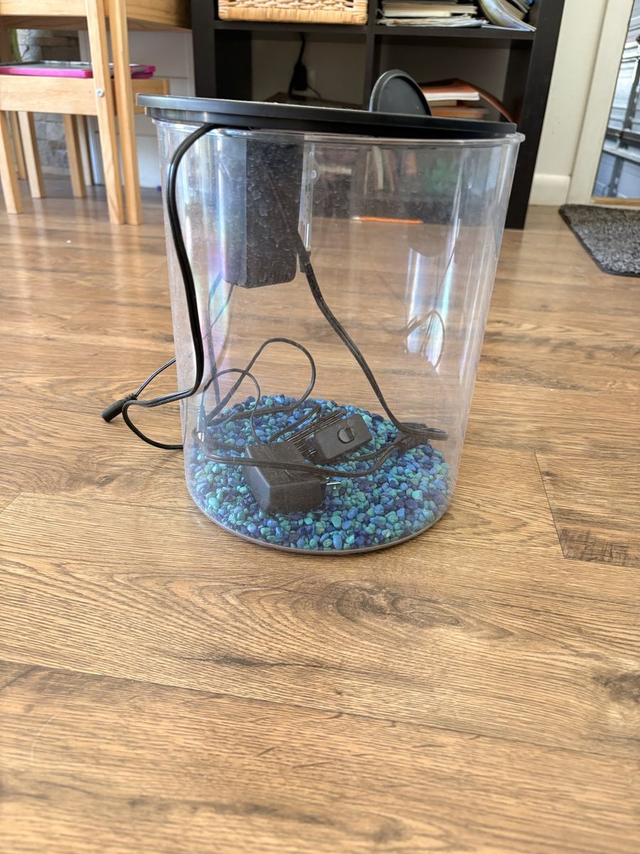 Small Round Fish Tank Aquarium with Blue Gravel, Filter & Light - Used
