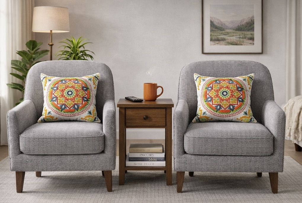 Pair Of Upholstered Studded Chairs Down Filled