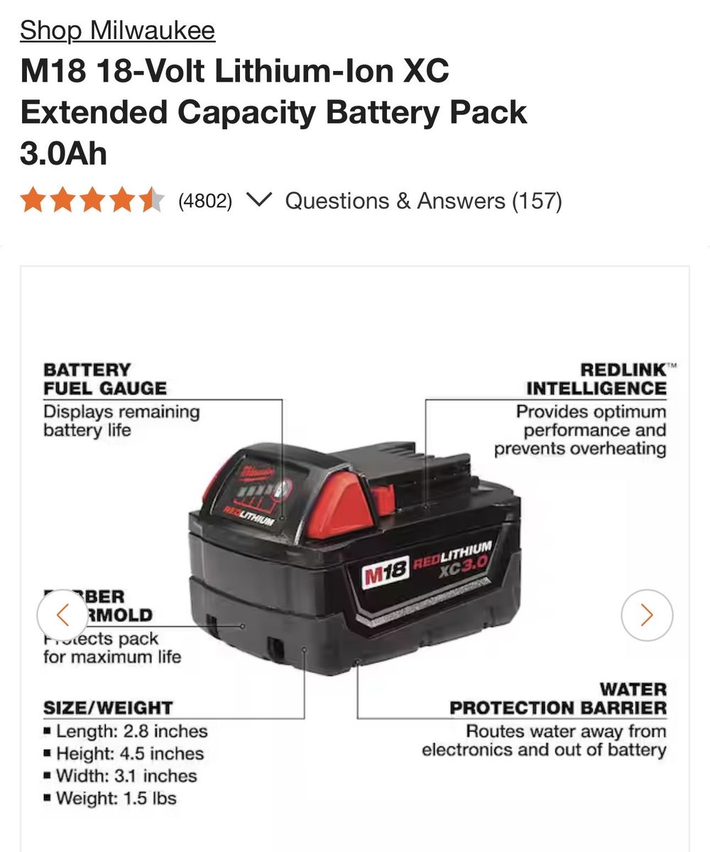 Milwaukee M18 REDLITHIUM XC 3.0Ah 18-Volt Lithium-Ion Extended Capacity Battery Pack