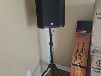 Rental: Two Harbinger VARI V2315 Speakers with power cords, stands, and stand carrying case for weddings, backyard concerts, DJ