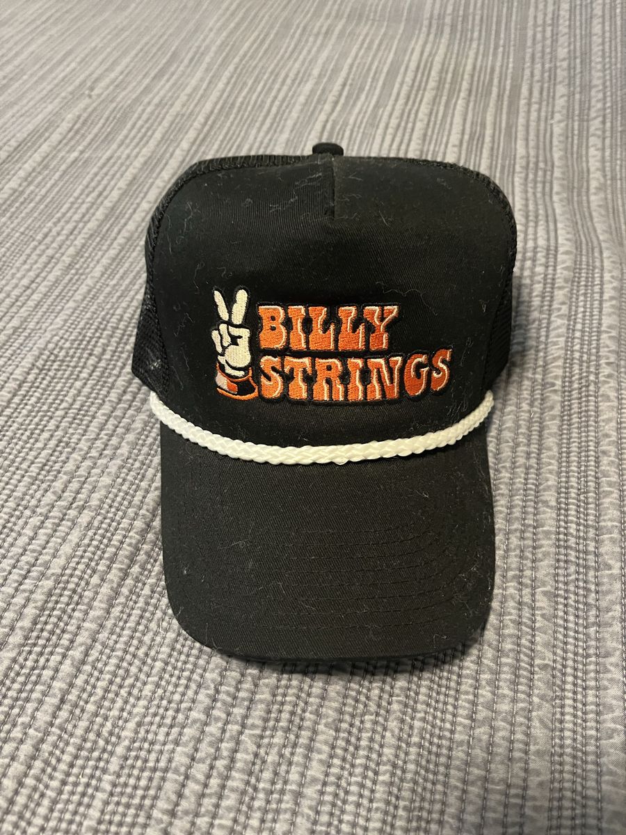 Billy Strings Trucker Hat Black w/ Embroidered Logo & White Rope Detail - One Size Fits Most