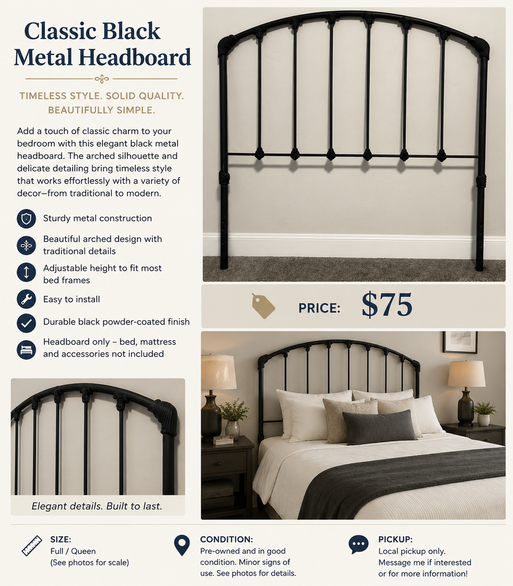 Black Metal Bed Headboard – Classic Arched Design