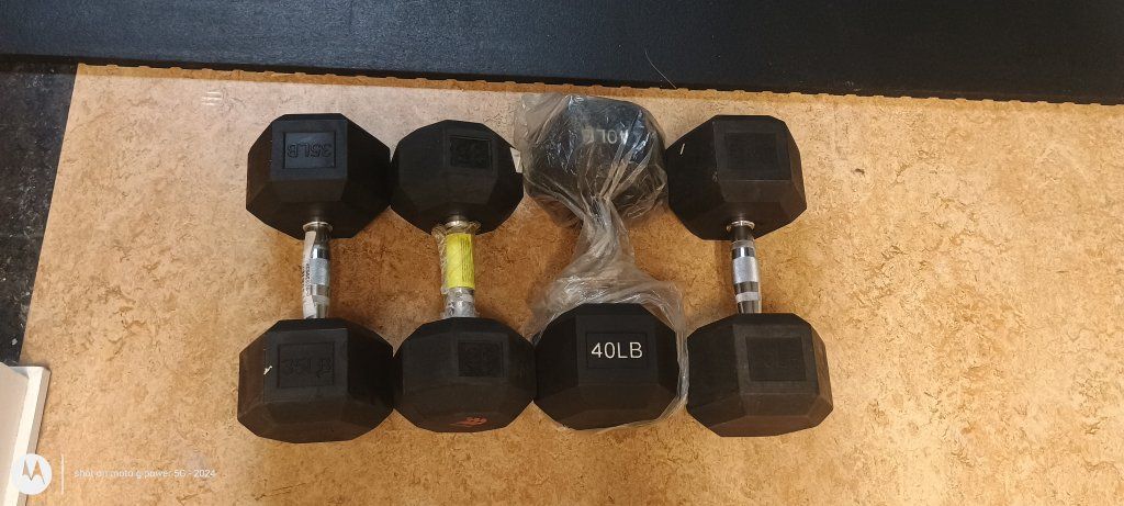 pairs of 35lb and 40lb rubber hex dumbbells