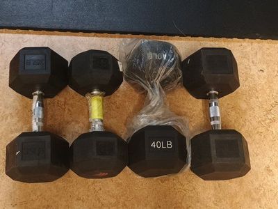 pairs of 35lb and 40lb rubber hex dumbbells
