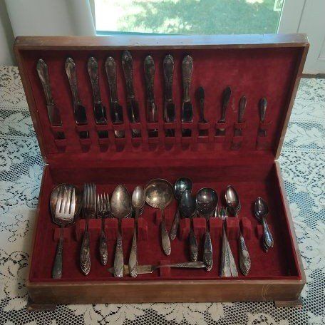 Vintage Silverware Set in Wooden Case with Red Velvet Interior - Full Service for 8