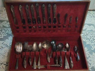 Vintage Silverware Set in Wooden Case with Red Velvet Interior - Full Service for 8