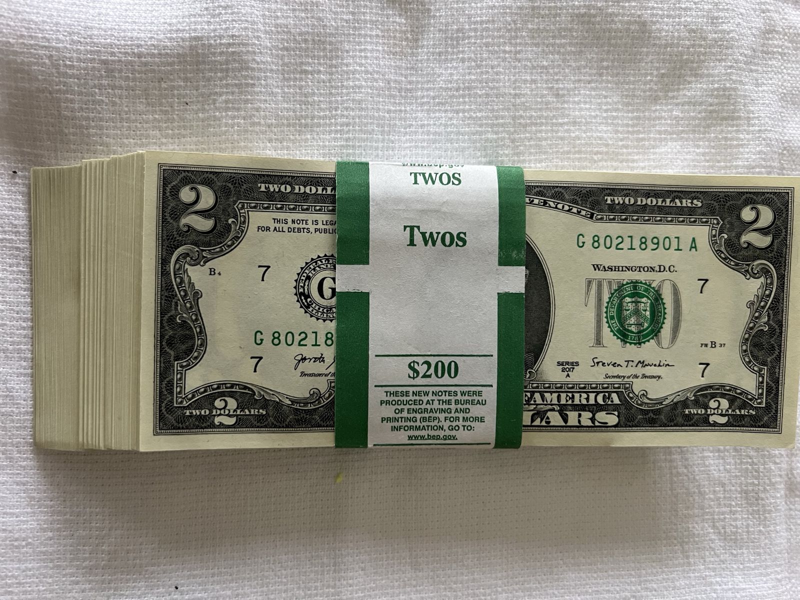 100 Consecutive Crisp New $2 Bills