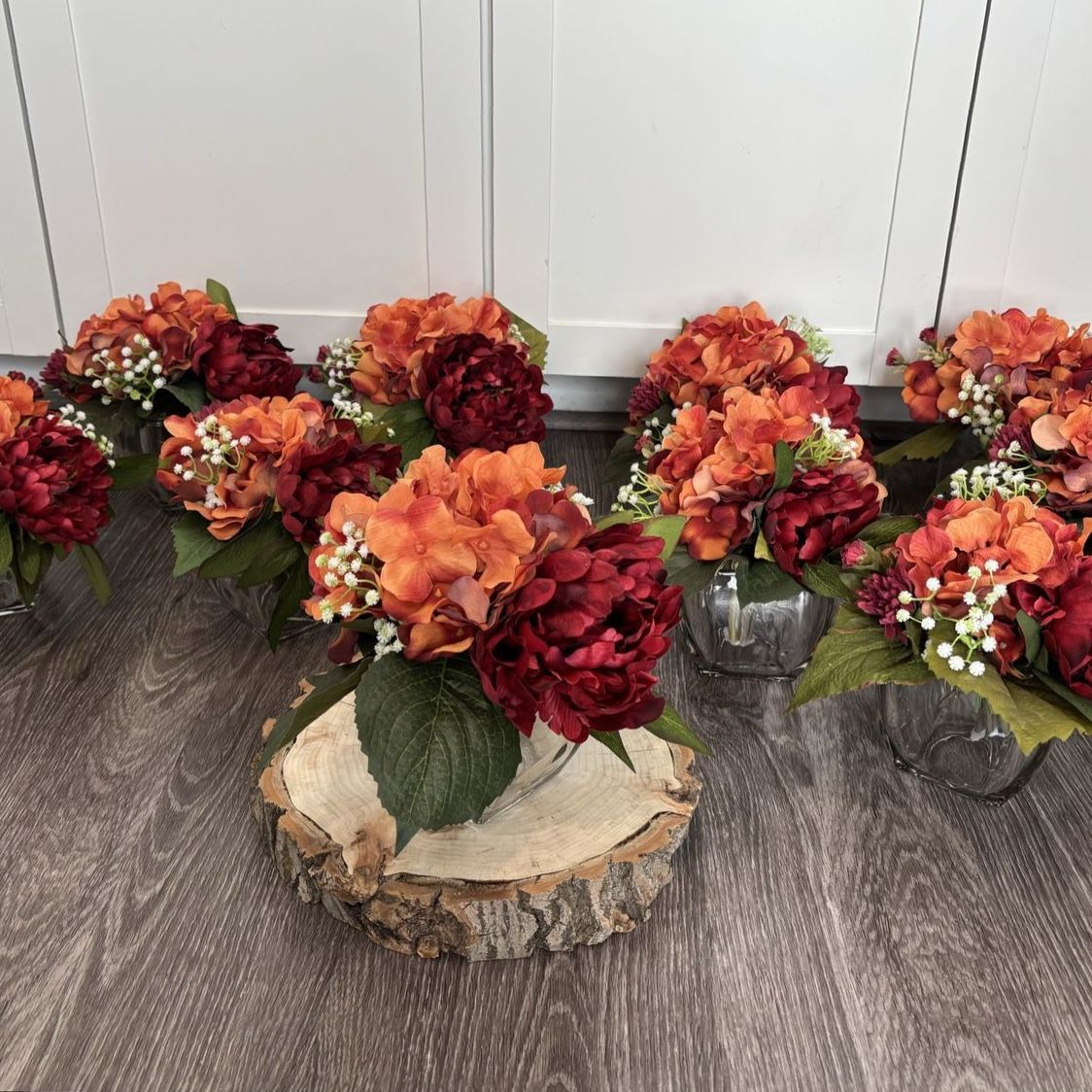 Fall FloralArrangements- 10 Hydrangeas and Peonies centerpieces in Deep Red and orange