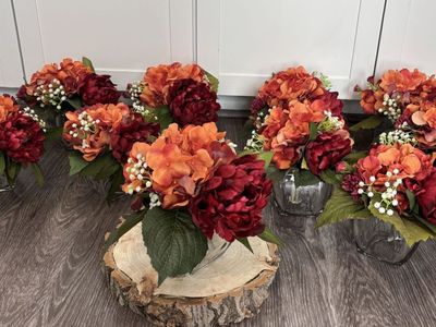 Fall FloralArrangements- 10 Hydrangeas and Peonies centerpieces in Deep Red and orange