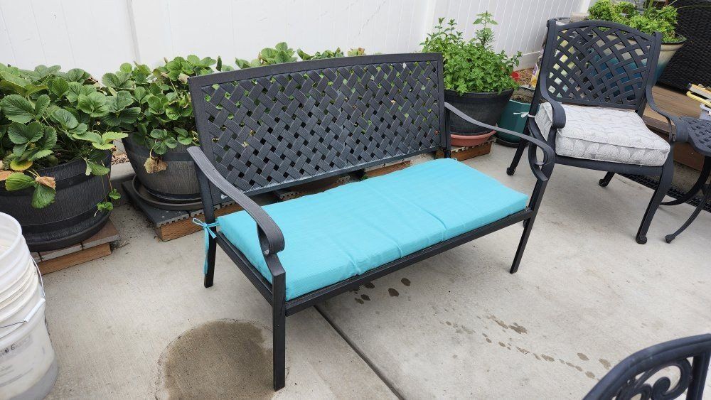 Outdoor Metal Patio Bench with Aqua Cushion - Used