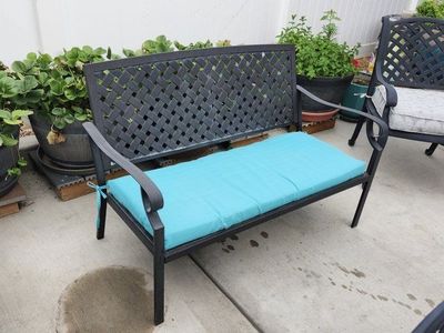 Outdoor Metal Patio Bench with Aqua Cushion - Used