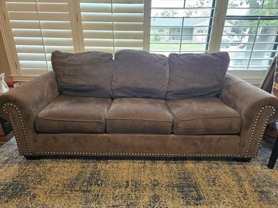 Stylish Grey Fabric Sofa Couch with Nailhead Trim - Great Condition