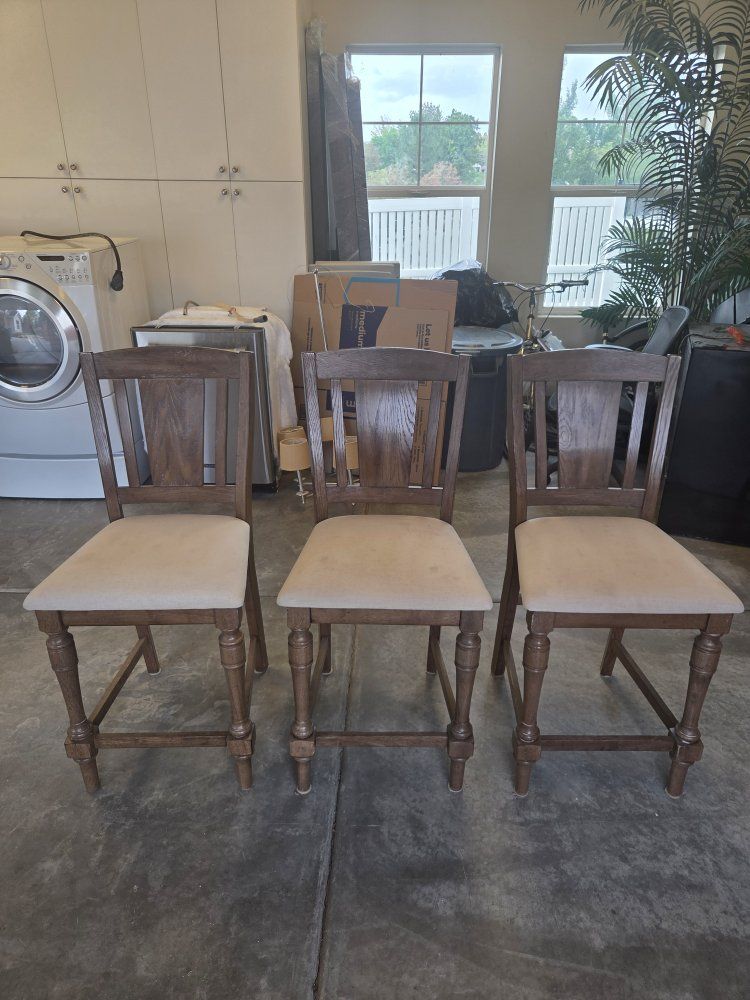 Set of 3 Wooden Bar Stools / Counter Height Chairs with Upholstered Seats - Dark Wood Finish