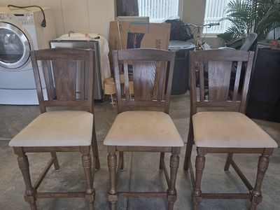Set of 3 Wooden Bar Stools / Counter Height Chairs with Upholstered Seats - Dark Wood Finish