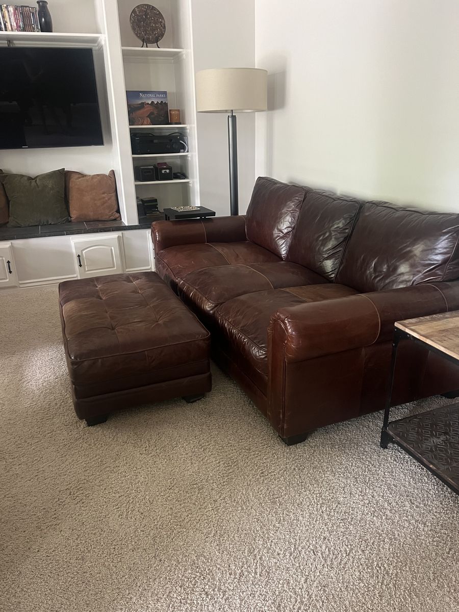 Two Brown Leather Sofas with Ottoman - Comfortable and Durable