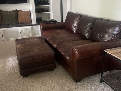Two Brown Leather Sofas with Ottoman - Comfortable and Durable