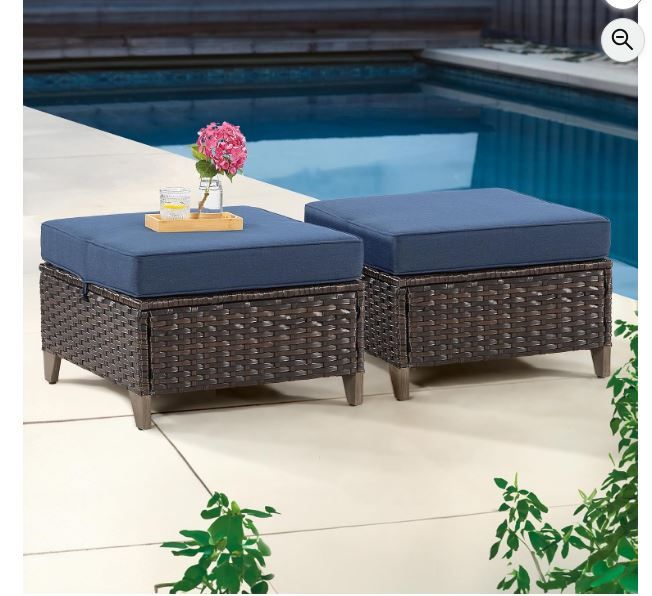 NEW! Patio Ottoman Set of 2, All Weather Outdoor Patio Footstools w/Removable Cushions (Blue)