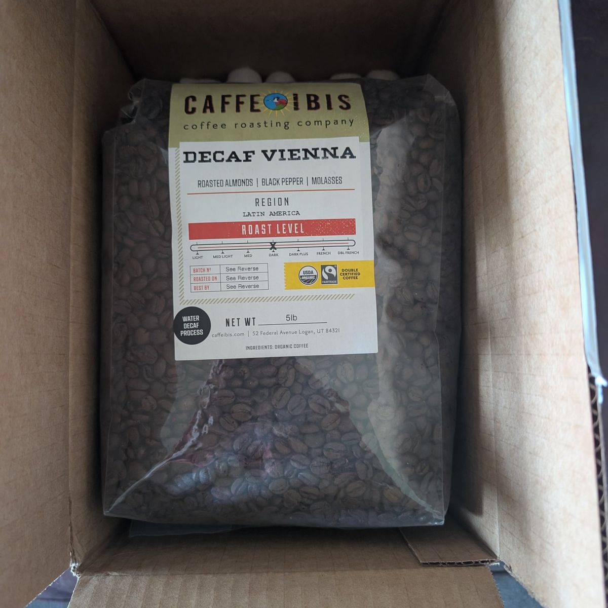 Cafe ibis Decaf Vienna 5lb bag unopened whole bean
