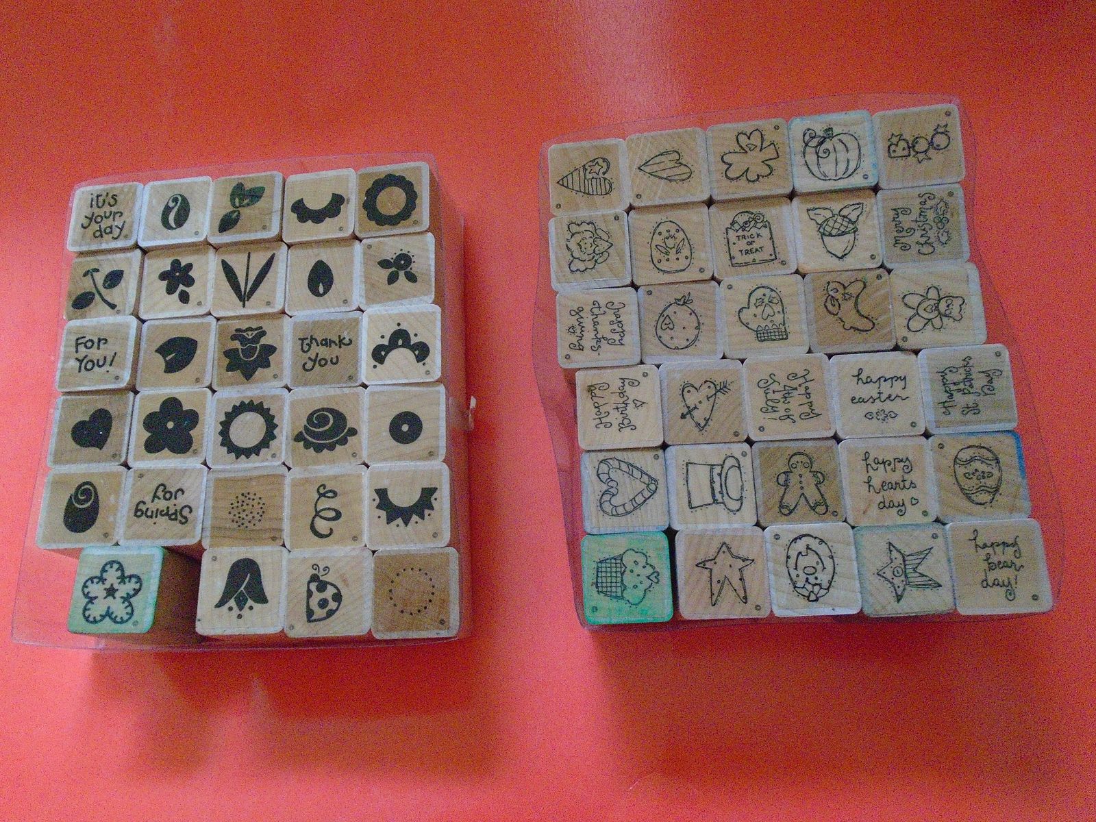 Everyday and holiday wooden, rubber ink stamps