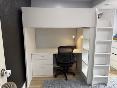 White Twin Loft Bed With Desk, Drawers, Wardrobe