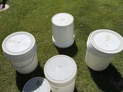 4 Used White 5-Gallon Plastic Buckets with Lids - Durable Storage Containers