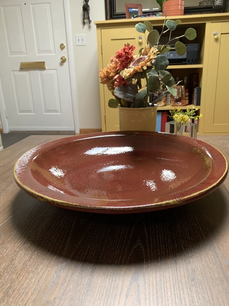 Large Ceramic Brick Red Bowl With Gold Accents