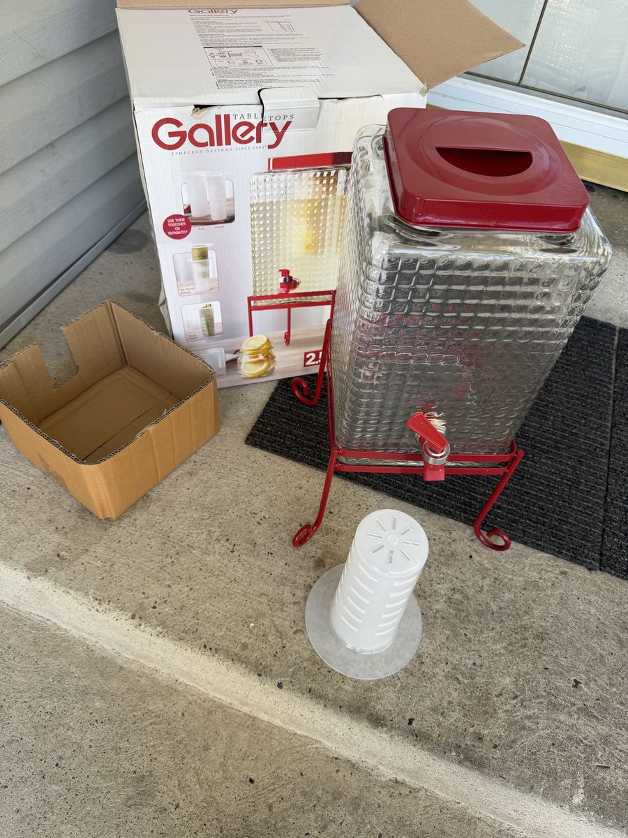 Gallery Tabletops 2.5 Gallon Glass Beverage Dispenser with Red Stand and Infuser