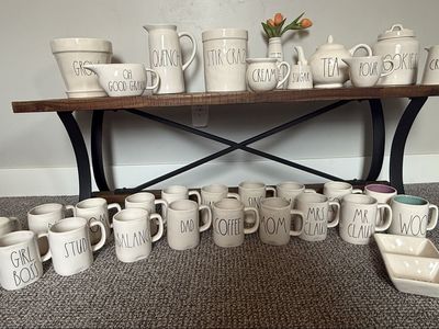 Large Rae Dunn Pottery Lot Set Mugs Canisters Pitcher Teapot