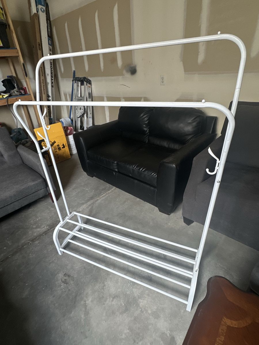 White Rack with Shoe Storage, Portable Clothes Hanger Stand